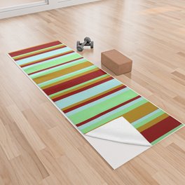 [ Thumbnail: Light Green, Dark Goldenrod, Dark Red, and Turquoise Colored Lines/Stripes Pattern Yoga Towel ]