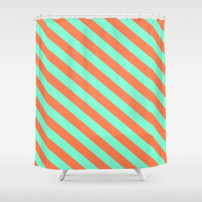 Aquamarine & Coral Colored Lined/Striped Pattern Shower Curtain