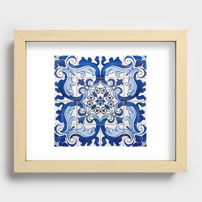 Blue Azulejo Tile Portuguese Mosaic Pattern Recessed Framed Print