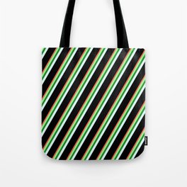 [ Thumbnail: Red, Green, Forest Green, Light Cyan, and Black Colored Stripes/Lines Pattern Tote Bag ]