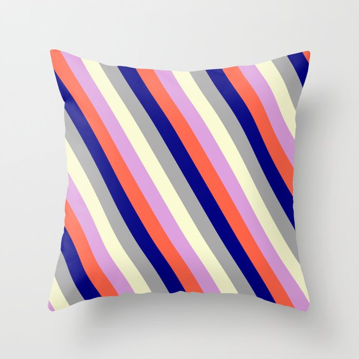 Colorful Plum, Red, Blue, Dark Grey & Light Yellow Colored Lines/Stripes Pattern Throw Pillow