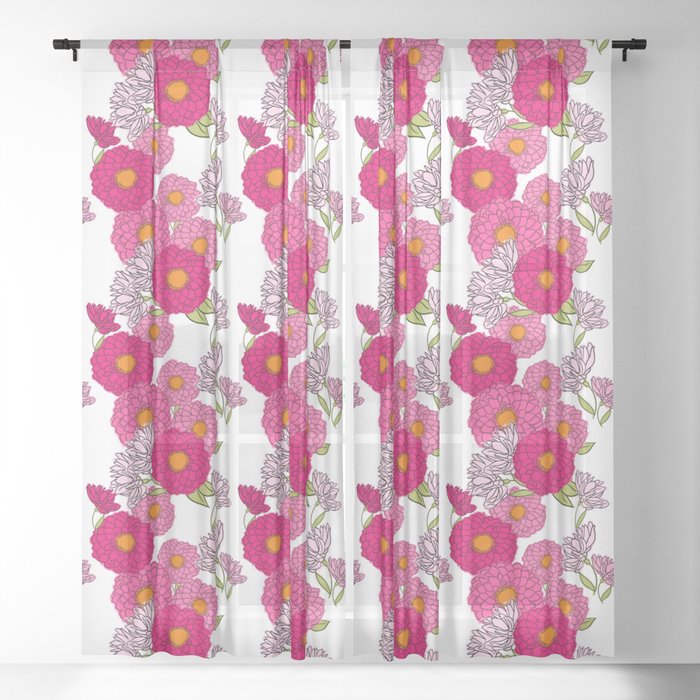 Retro Mums Flowers Mid-Century Floral Wallpaper Mini White Sheer Curtain