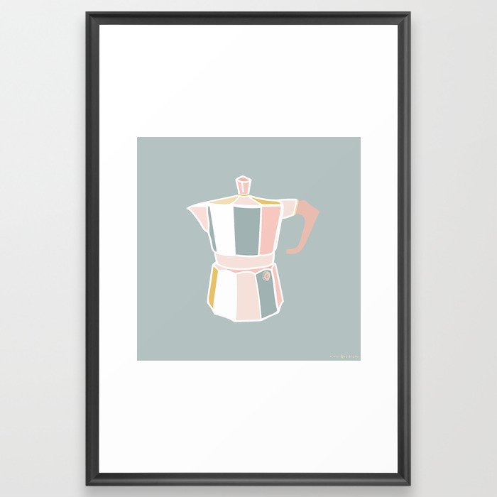 Retro Coffee Love, pale blue | Minimalist Espresso-Maker Illustration Framed Art Print