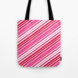 [ Thumbnail: Hot Pink, Crimson, and Mint Cream Colored Stripes/Lines Pattern Tote Bag ]