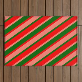 [ Thumbnail: Dark Green, Red, and Salmon Colored Striped Pattern Outdoor Rug ]