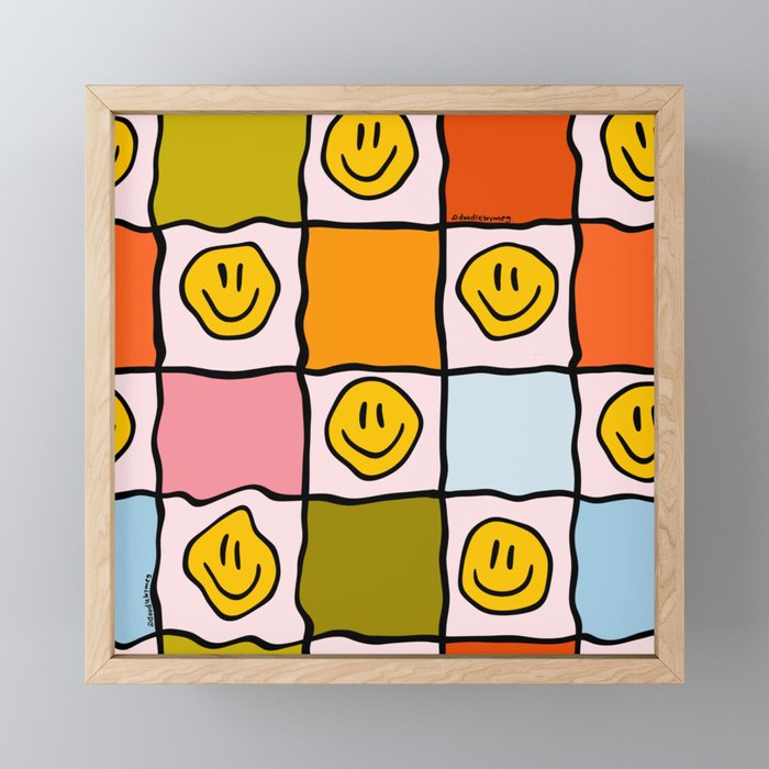 Rainbow Happy Face Checkered Print Framed Mini Art Print
