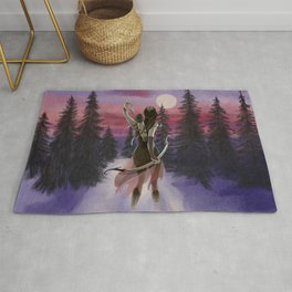 Hunting beauty, Watercolor hand drawn scene,Beautiful woman on Vintage wildlife colorful landscape Rug
