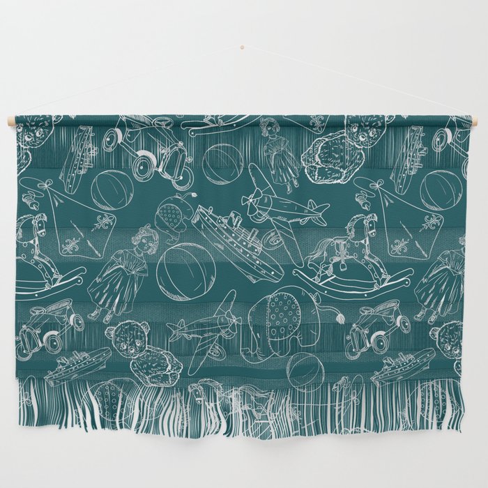 Teal Blue and White Toys Outline Pattern Wall Hanging