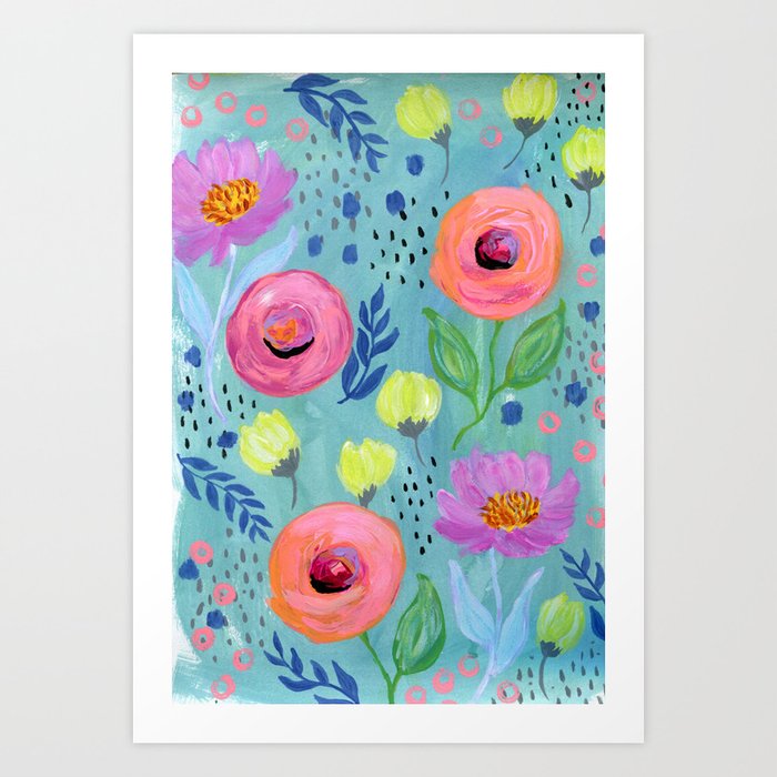 Floral Pattern Painting Coral Flowers Yellow Flowers Peach