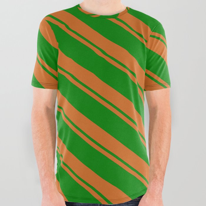 Chocolate and Green Colored Lined/Striped Pattern All Over Graphic Tee