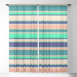 [ Thumbnail: Vibrant Light Salmon, Green, Midnight Blue, Teal, and Bisque Colored Pattern of Stripes Sheer Curtain ]