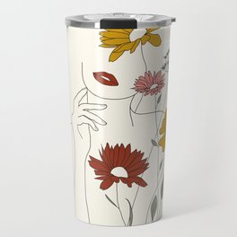 Colorful Thoughts Minimal Line Art Woman with Flowers III Travel Mug
