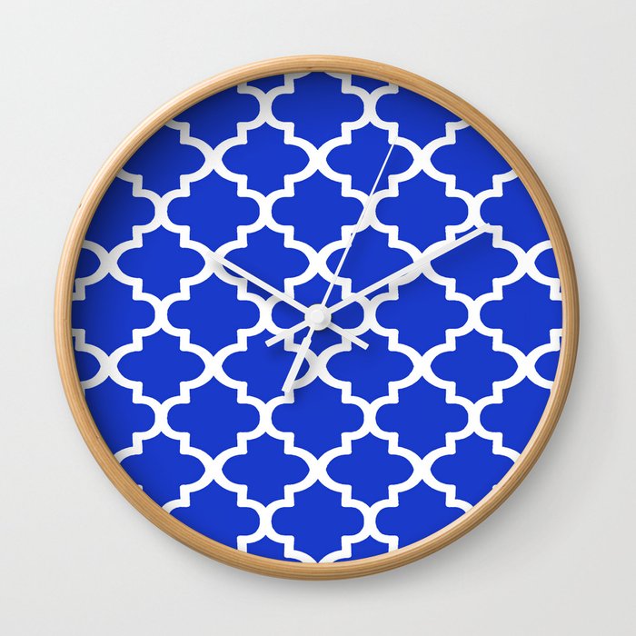 White Quatrefoil Pattern Outline With Royal Blue Background Wall Clock