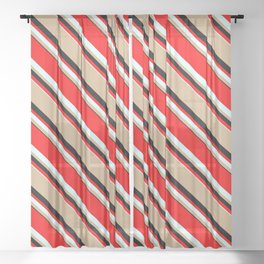 [ Thumbnail: Red, Light Cyan, Tan, and Black Colored Lines/Stripes Pattern Sheer Curtain ]