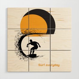 Black sunset surfer on the board Wood Wall Art