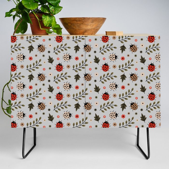 Ladybug and Floral Seamless Pattern on Light Grey Background Credenza
