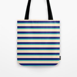 [ Thumbnail: Light Sea Green, Bisque, and Midnight Blue Colored Striped Pattern Tote Bag ]