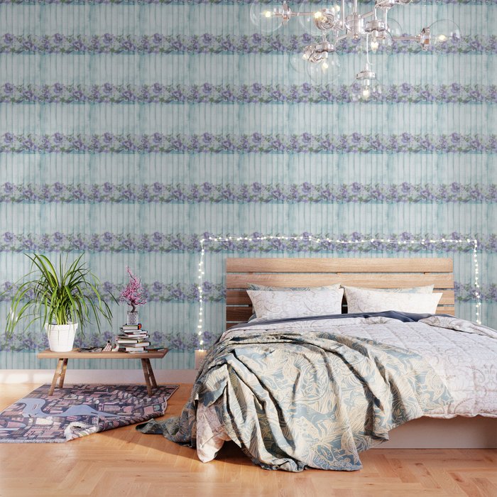 Romantic Vintage Shabby Chic Floral Wood Blue Wallpaper