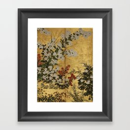 White Red Chrysanthemums Floral Japanese Gold Screen Framed Art Print