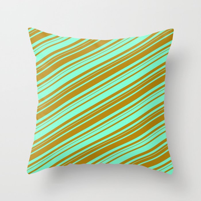 Aquamarine and Dark Goldenrod Colored Lined/Striped Pattern Throw Pillow
