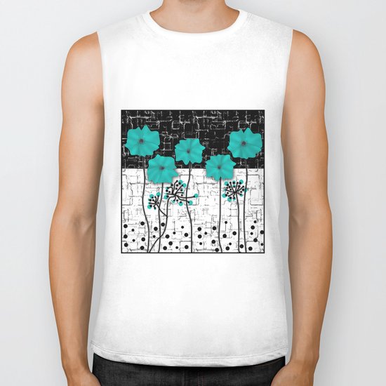 Turquoise flowers on black and white background . Biker Tank