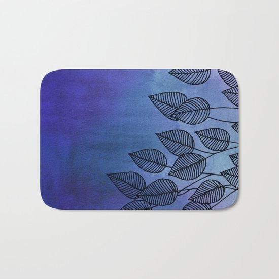 Midnight Blue Garden - watercolor & ink leaves Bath Mat