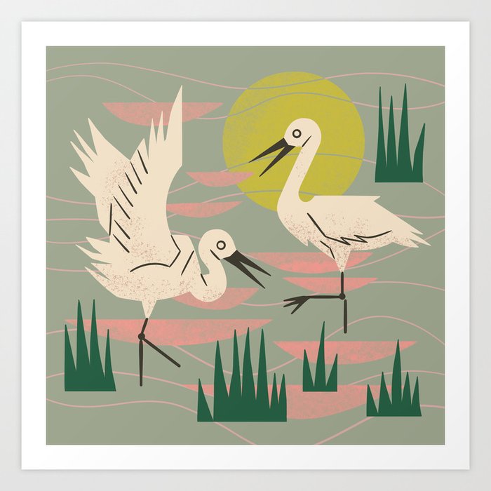 Cranes Wading At Sunset (Sage) Art Print