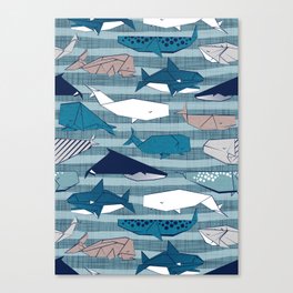 Origami Sea // linen texture and nautical stripes background teal white and taupe whales Canvas Print