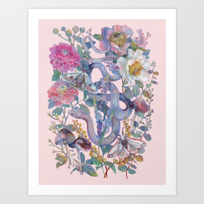 Pink Floral Garden Snake Art Print