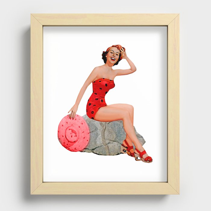 Sexy Brunette Pinup Girl in Red Skirt On The Rock Recessed Framed Print