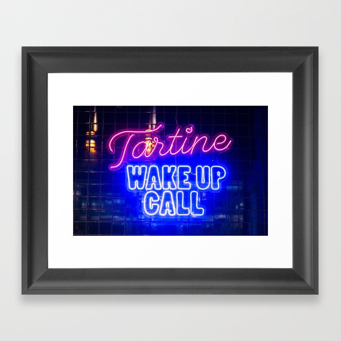 Blue and pink neon sign Tartine wake up call - hotdogs in Lissabon, Portugal Foodcourt - travel photography Framed Art Print