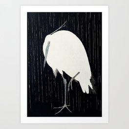 Egret standing in rain - Japanese vintage woodblock print Art Print