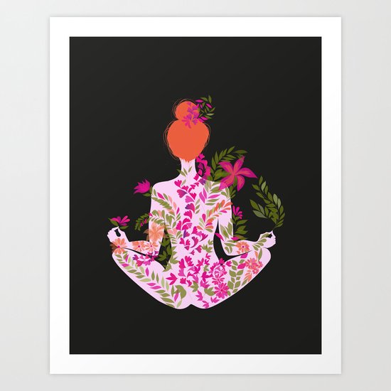 flower meditation on black background Art Print