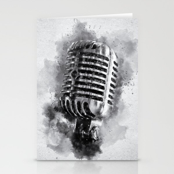 Classic Vintage Chrome Microphone in Black and White Watercolor Stationery Cards
