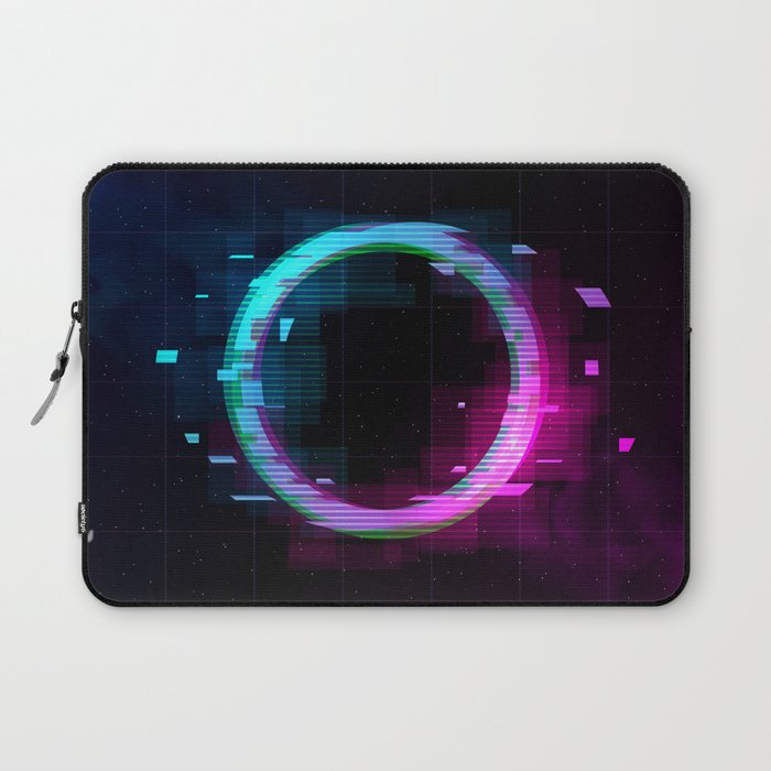 Synthwave Vaporwave Retrowave Glitch Circle with blue and pink glows with smoke and particles on laser grid space background.  Laptop Sleeve