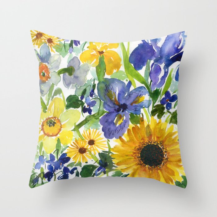daffodil, iris and sunflower Throw Pillow