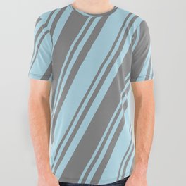 [ Thumbnail: Light Blue and Grey Colored Lined/Striped Pattern All Over Graphic Tee ]