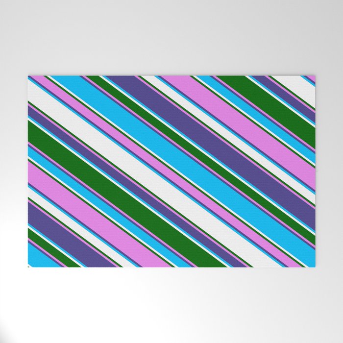 Eyecatching Dark Slate Blue, Deep Sky Blue, White, Dark Green, and Violet Colored Pattern of Stripes Welcome Mat