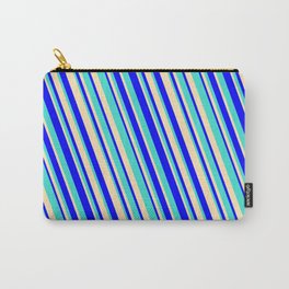[ Thumbnail: Blue, Turquoise & Beige Colored Striped/Lined Pattern Carry-All Pouch ]