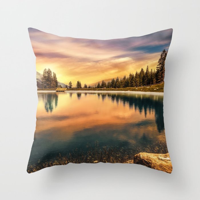 Lake Mountains and Sunset Throw Pillow
