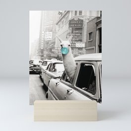Mint Green Bubble Gum Llama taking a New York Taxi black and white photograph Mini Art Print