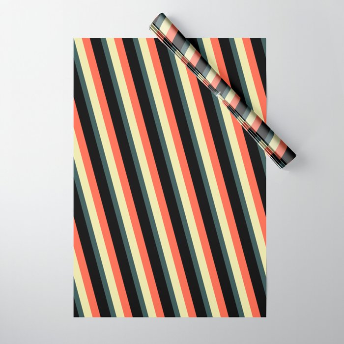 Red, Pale Goldenrod, Dark Slate Gray, and Black Colored Lines Pattern Wrapping Paper