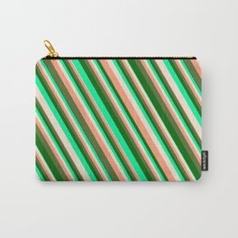 [ Thumbnail: Vibrant Green, Beige, Light Salmon, Dark Olive Green & Dark Green Colored Striped/Lined Pattern Carry-All Pouch ]