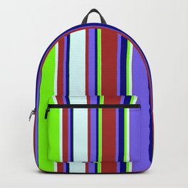 [ Thumbnail: Colorful Brown, Medium Slate Blue, Blue, Chartreuse & Light Cyan Colored Striped/Lined Pattern Backpack ]