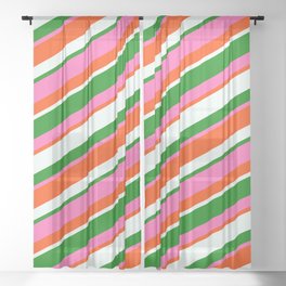 [ Thumbnail: Green, Hot Pink, Red, and Mint Cream Colored Pattern of Stripes Sheer Curtain ]