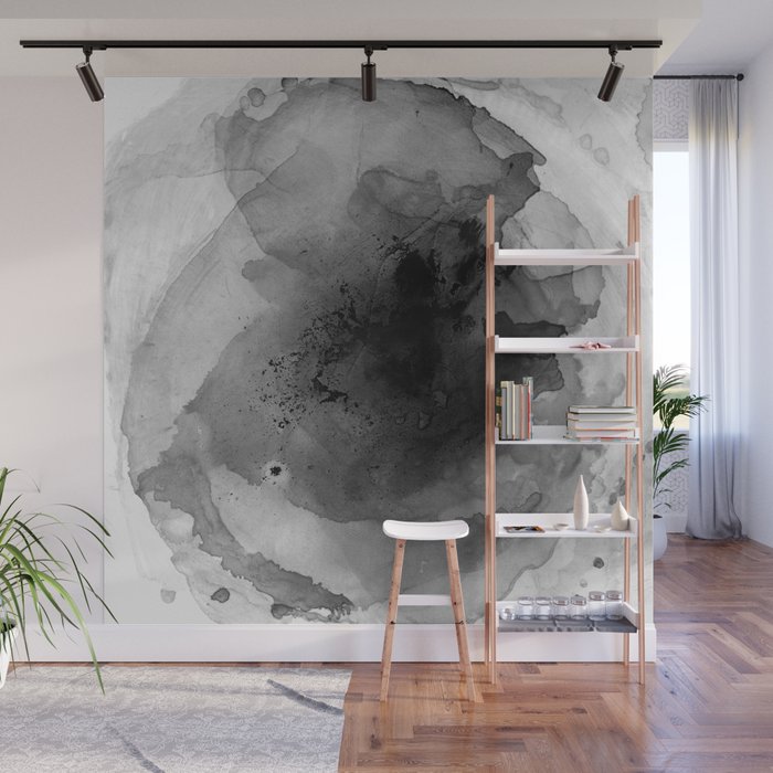 Black and Grey Abstract Watercolor Painting Monochrome Nebula 3 Wall Mural