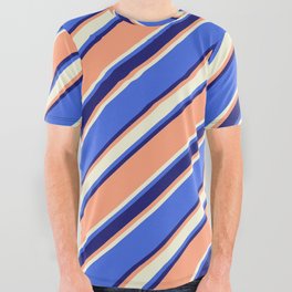 [ Thumbnail: Light Salmon, Beige, Royal Blue & Midnight Blue Colored Stripes/Lines Pattern All Over Graphic Tee ]