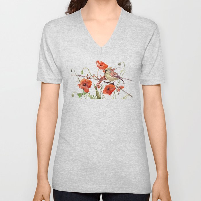 Cardinal Bird and Poppies, Poppy Flowers V Neck T Shirt