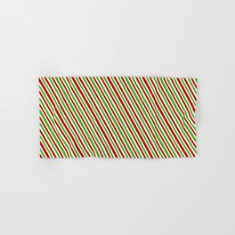 [ Thumbnail: Fun, Festive, Christmas Themed Green, White, and Red Colored Stripes/Lines Pattern Hand & Bath Towel ]