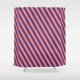 [ Thumbnail: Dark Slate Blue and Salmon Colored Lines/Stripes Pattern Shower Curtain ]